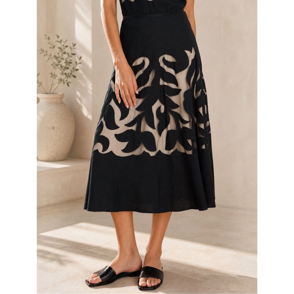 NIC+ZOE Antibes Linen Blend Cutout Floral A-Line Midi Skirt Black Tan Size 8